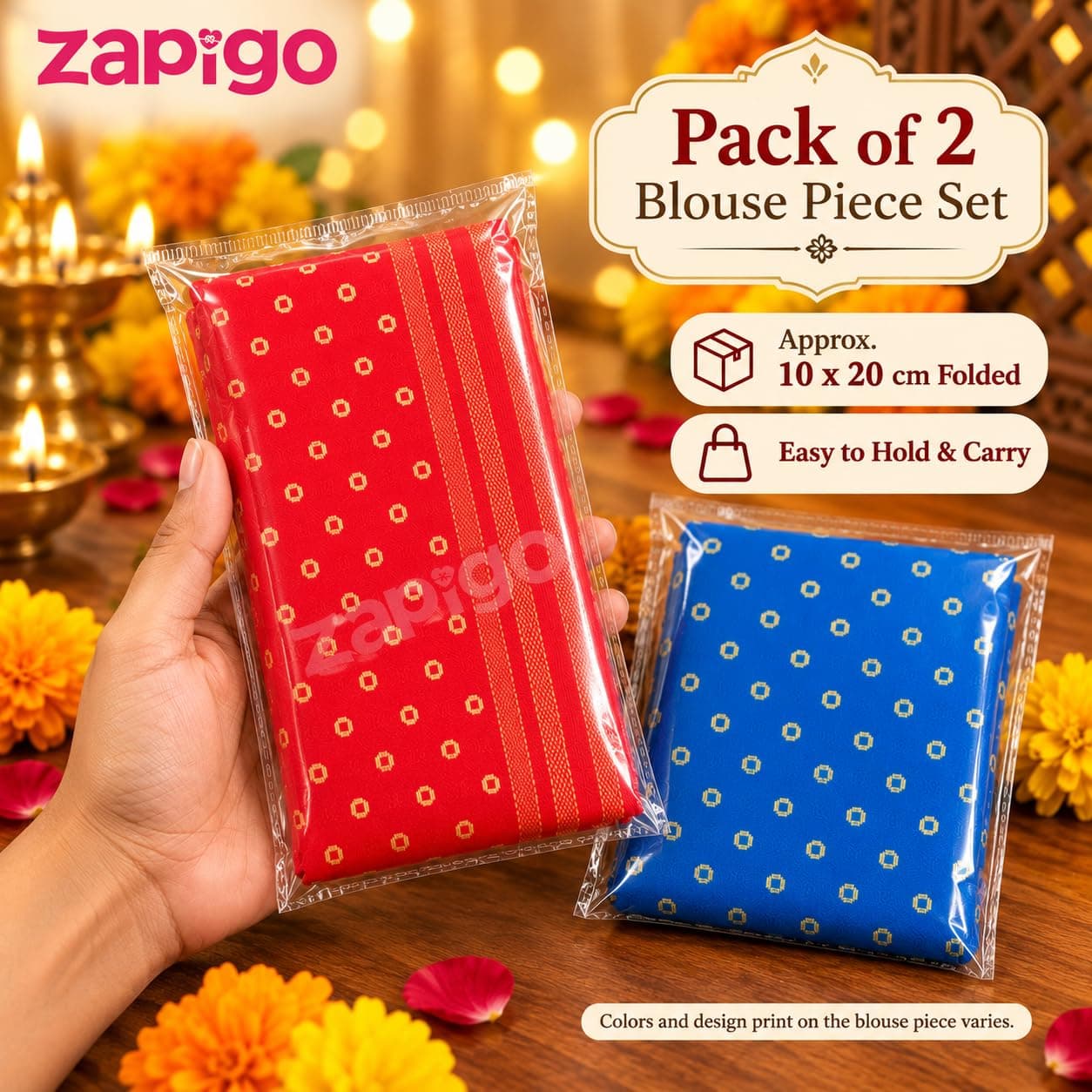 Mantapa Bliss Unstitched Blouse Piece for Women, Soft Cotton Blend Blouse Material with Tiny Gold Dot Motifs & Woven Border, Assorted Colours 1 Metre, Traditional Haldi Kumkum, Pack of 2 thumbnail 7