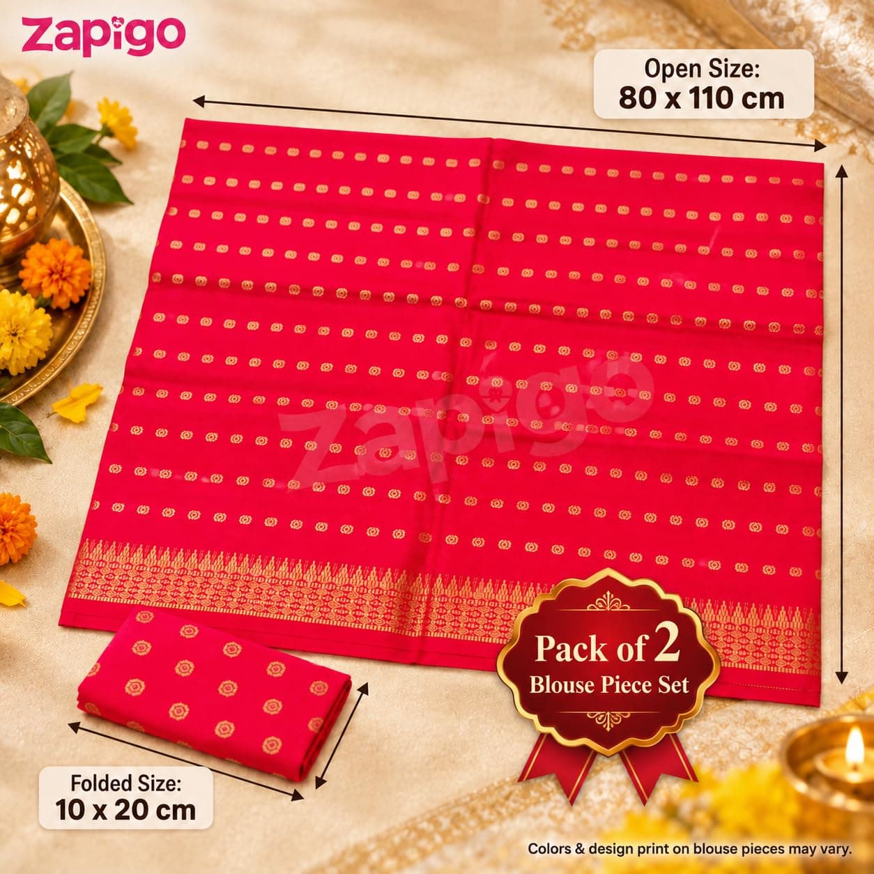 Mantapa Aura Unstitched Blouse Piece for Women, Soft Cotton Blend Blouse Material with Neatly Spaced Gold Hexagonal Butti Motifs, Assorted Colours 1 Metre, Traditional Haldi Kumkum, Pack of 2 thumbnail 4