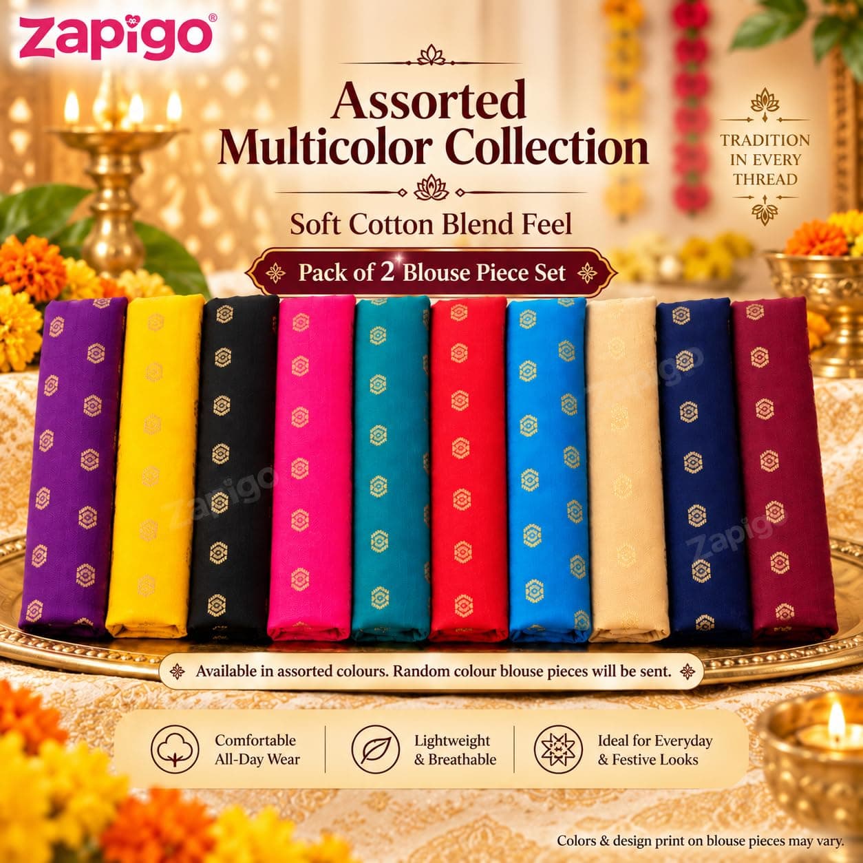 Mantapa Aura Unstitched Blouse Piece for Women, Soft Cotton Blend Blouse Material with Neatly Spaced Gold Hexagonal Butti Motifs, Assorted Colours 1 Metre, Traditional Haldi Kumkum, Pack of 2 thumbnail 5