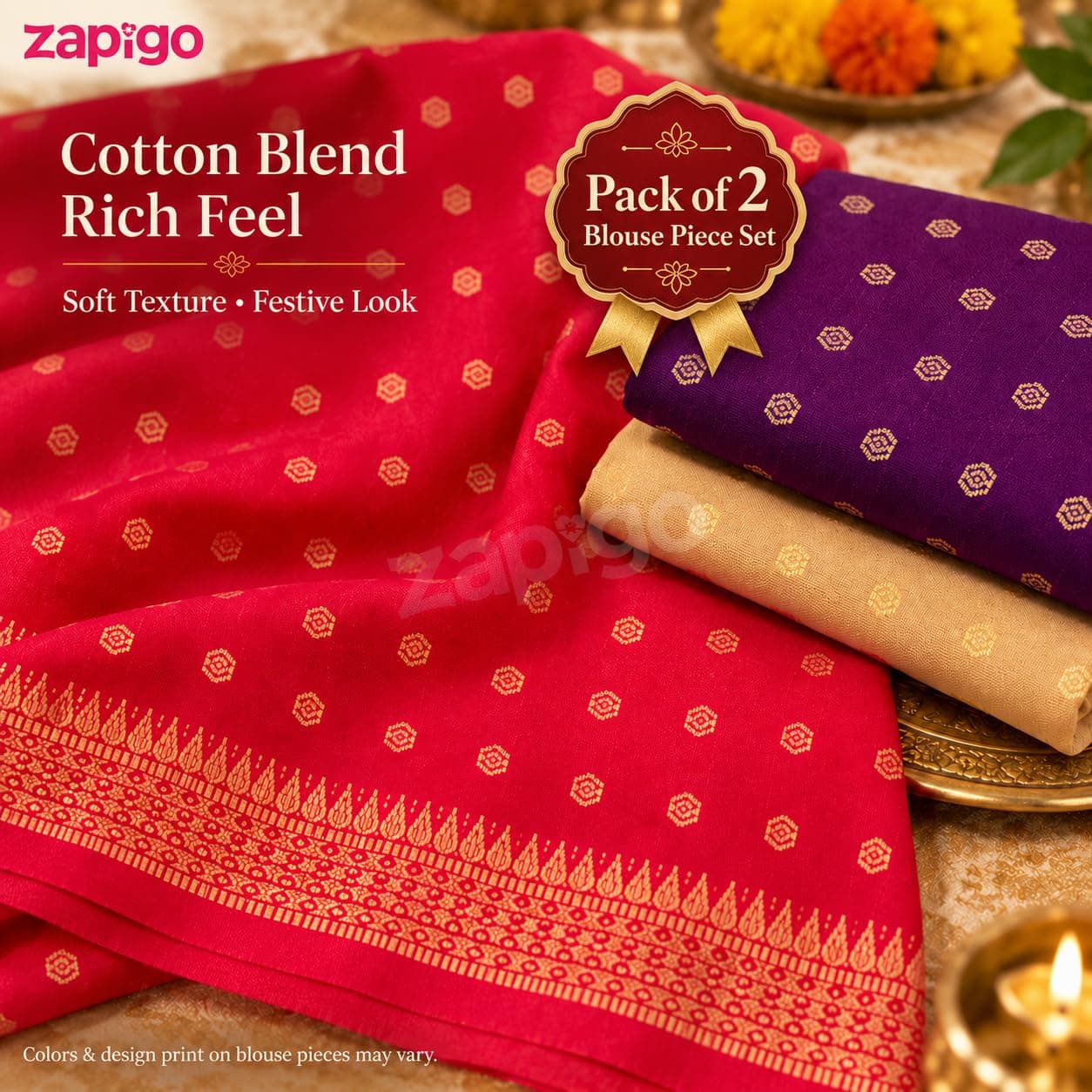 Mantapa Aura Unstitched Blouse Piece for Women, Soft Cotton Blend Blouse Material with Neatly Spaced Gold Hexagonal Butti Motifs, Assorted Colours 1 Metre, Traditional Haldi Kumkum, Pack of 2 thumbnail 6