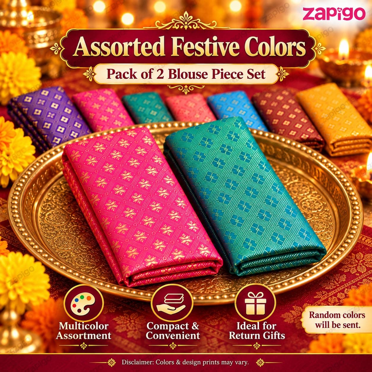Mantapa Charm Unstitched Blouse Piece for Women, Silk Blend Blouse Material with Varied Small Gold Jacquard Motifs, Assorted Colours 1 Metre, Traditional Haldi Kumkum Thamboolam Gift, Pack of 2 thumbnail 6