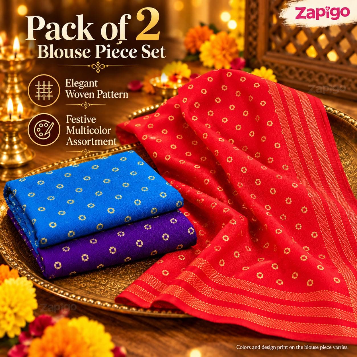 Mantapa Bliss Unstitched Blouse Piece for Women, Soft Cotton Blend Blouse Material with Tiny Gold Dot Motifs & Woven Border, Assorted Colours 1 Metre, Traditional Haldi Kumkum, Pack of 2 thumbnail 4
