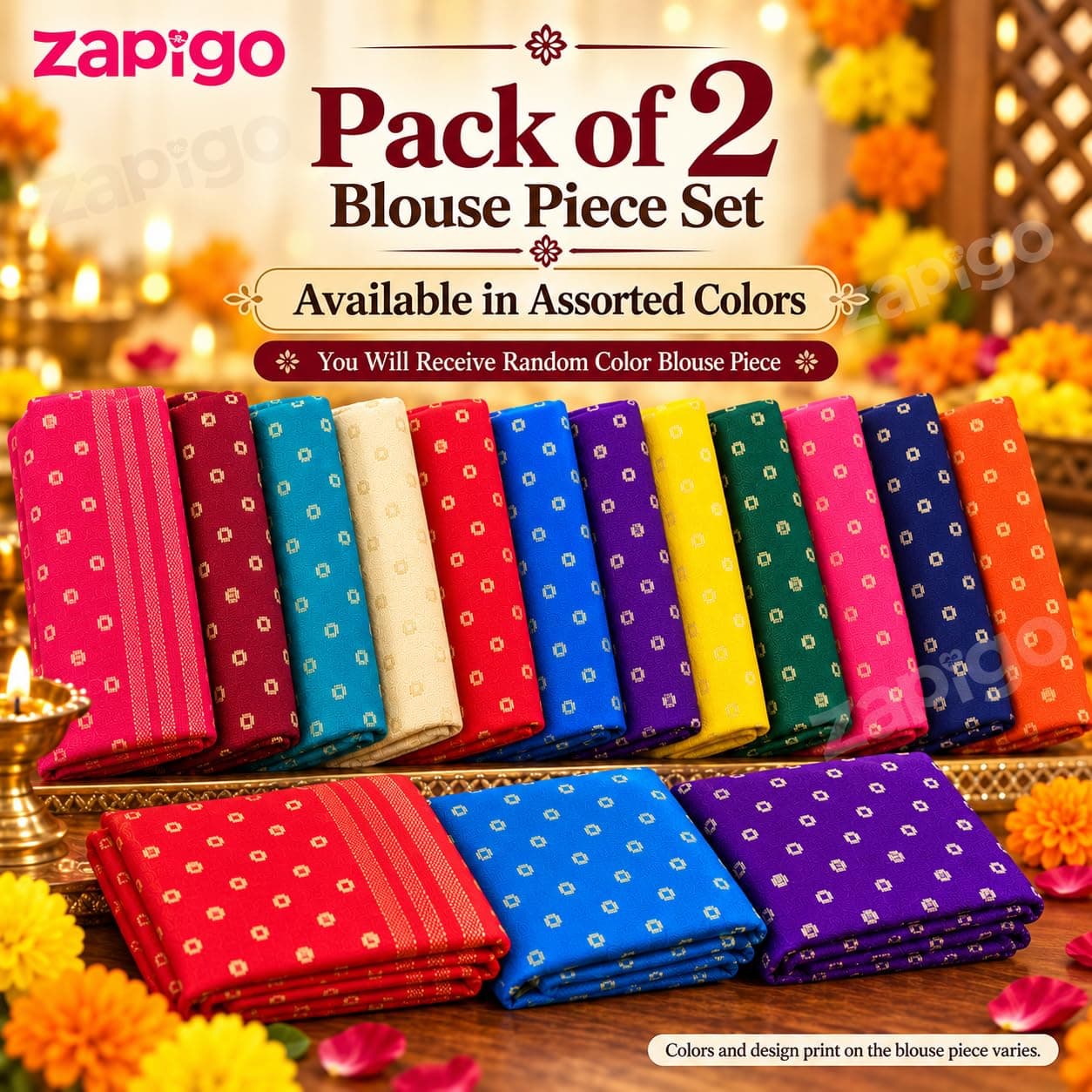 Mantapa Bliss Unstitched Blouse Piece for Women, Soft Cotton Blend Blouse Material with Tiny Gold Dot Motifs & Woven Border, Assorted Colours 1 Metre, Traditional Haldi Kumkum, Pack of 2 thumbnail 8