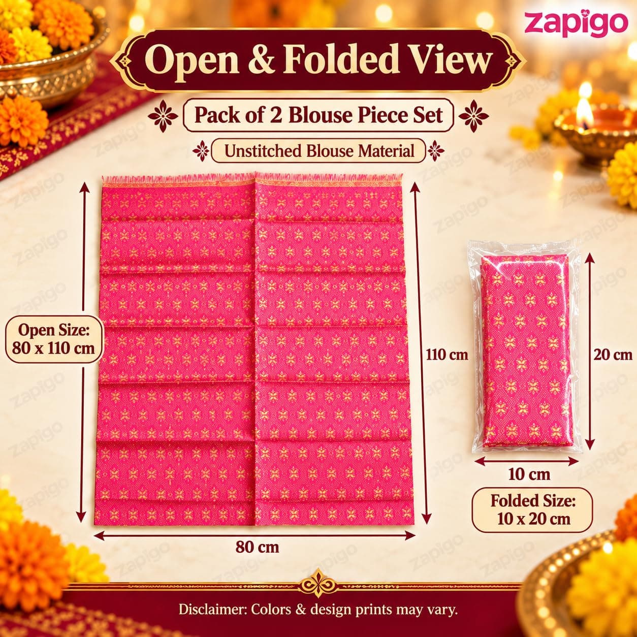 Mantapa Charm Unstitched Blouse Piece for Women, Silk Blend Blouse Material with Varied Small Gold Jacquard Motifs, Assorted Colours 1 Metre, Traditional Haldi Kumkum Thamboolam Gift, Pack of 2 thumbnail 3