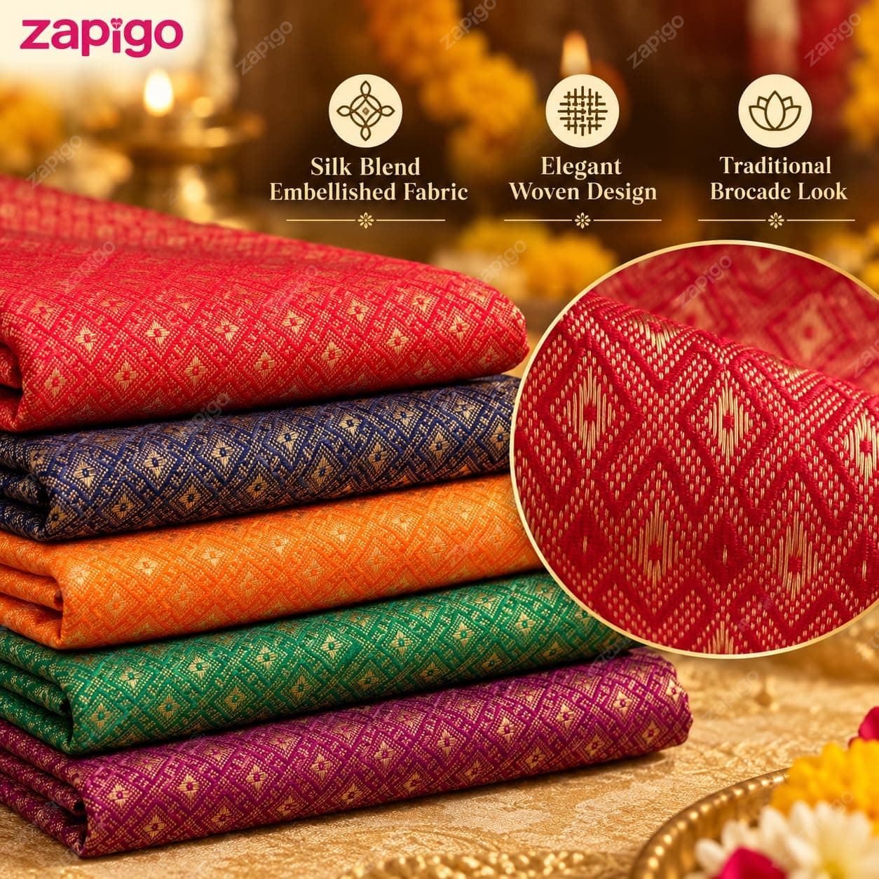Mantapa Dazzle Unstitched Blouse Piece for Women, Silk Blend Blouse Material with Dense All-Over Gold Diamond Lattice Brocade, Assorted Colours 1 Metre, Traditional Haldi Kumkum, Pack of 2 thumbnail 4