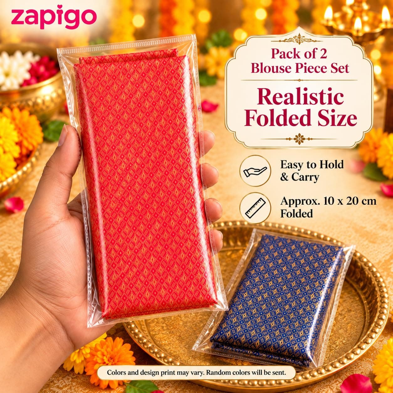 Mantapa Dazzle Unstitched Blouse Piece for Women, Silk Blend Blouse Material with Dense All-Over Gold Diamond Lattice Brocade, Assorted Colours 1 Metre, Traditional Haldi Kumkum, Pack of 2 thumbnail 2