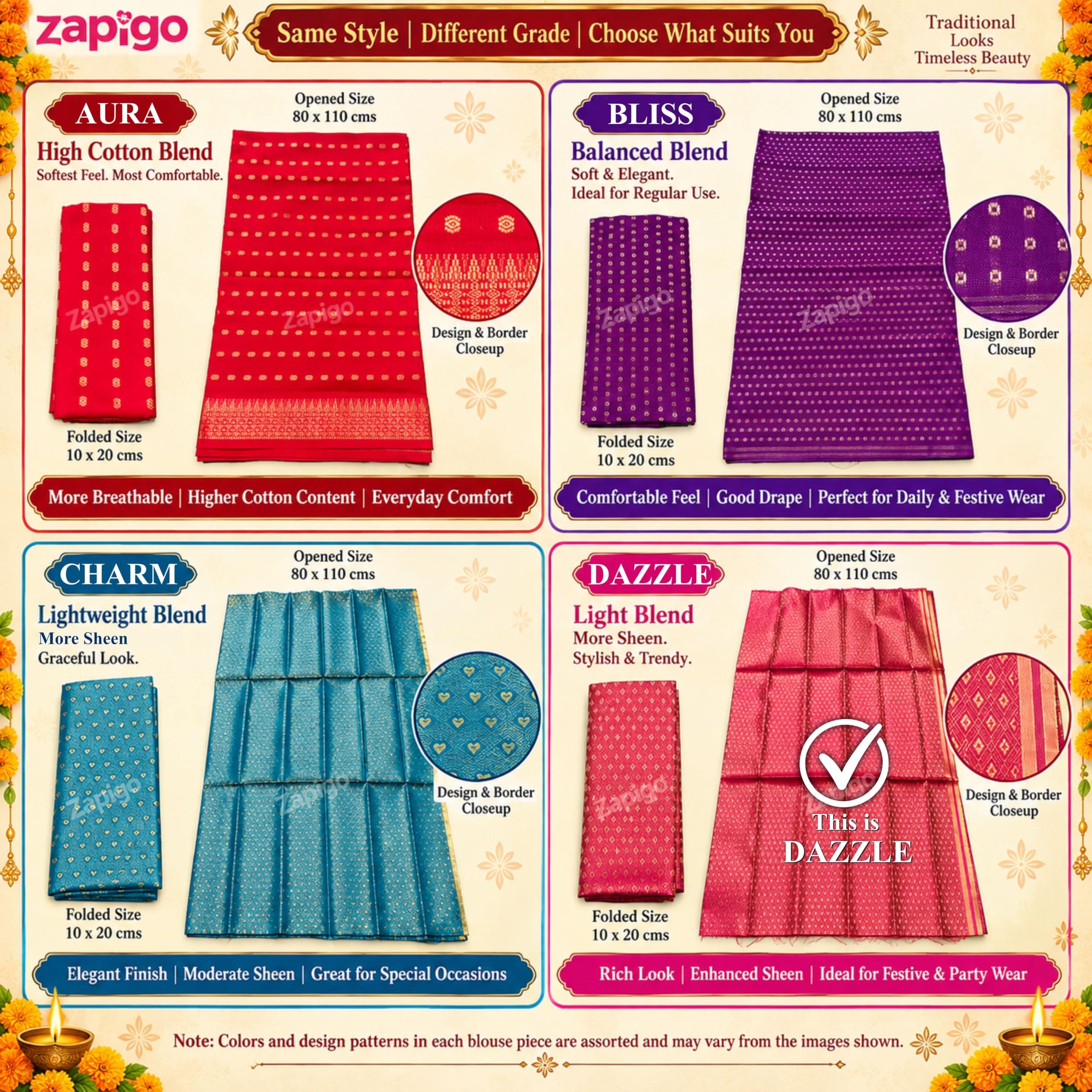 Mantapa Dazzle Unstitched Blouse Piece for Women, Silk Blend Blouse Material with Dense All-Over Gold Diamond Lattice Brocade, Assorted Colours 1 Metre, Traditional Haldi Kumkum, Pack of 2 thumbnail 9