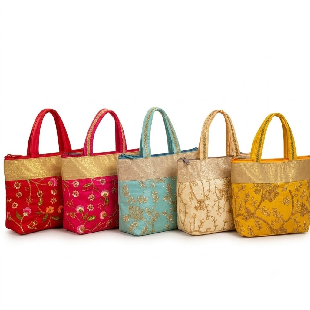 Mantapa Embroidery Design Hand Bag for Women, Padded Handles, Ethnic Return Gift Bag for Navratri, Diwali, Weddings, Engagement, Haldi Mehendi, Baby Shower & Griha Pravesh, Pack of 2