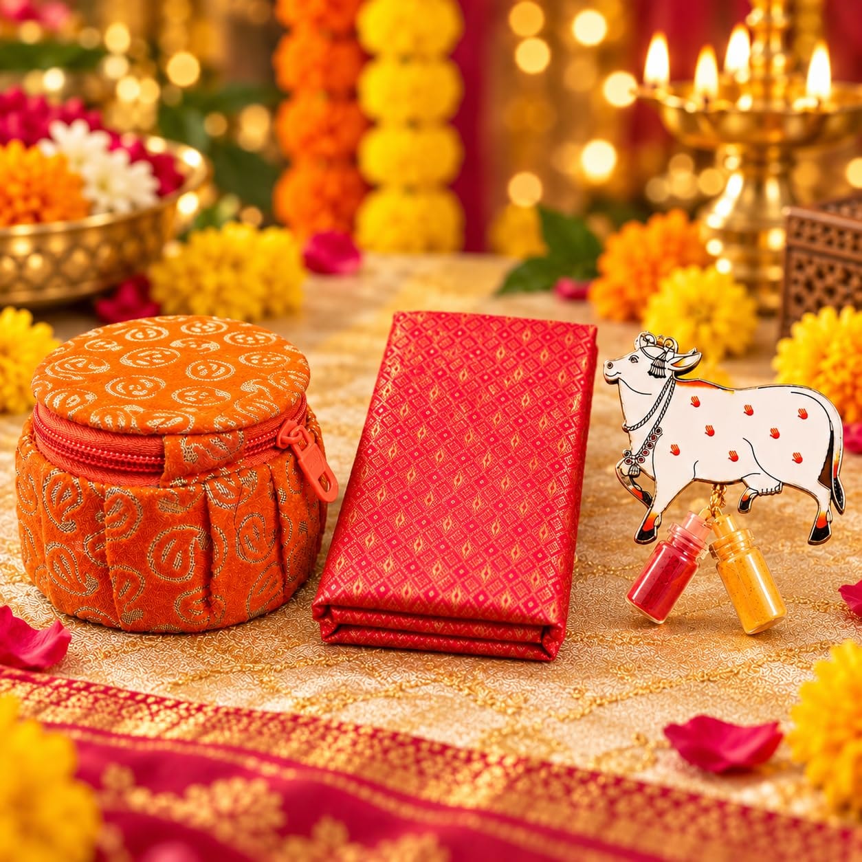 Mantapa Tambula Kit with Dazzle Silk Blend Blouse Piece, Cow Kumkum Set & Rajasthani Bangle Box, Thamboolam Return Gift for Women for Navratri, Diwali, Satyanarayan Puja & Weddings, Pack of 1