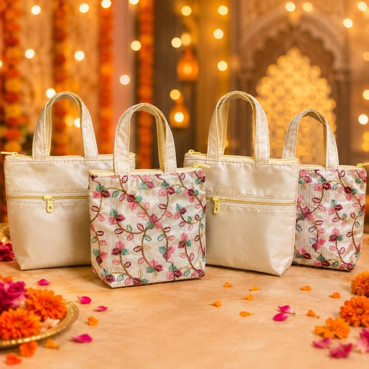 Mantapa Floral Tote Bag for Women, Embroidered Fabric with Zip Closure, Ethnic Return Gift Bag for Navratri, Diwali, Weddings, Haldi Mehendi, Baby Shower & Satyanarayan Puja, Pack of 2