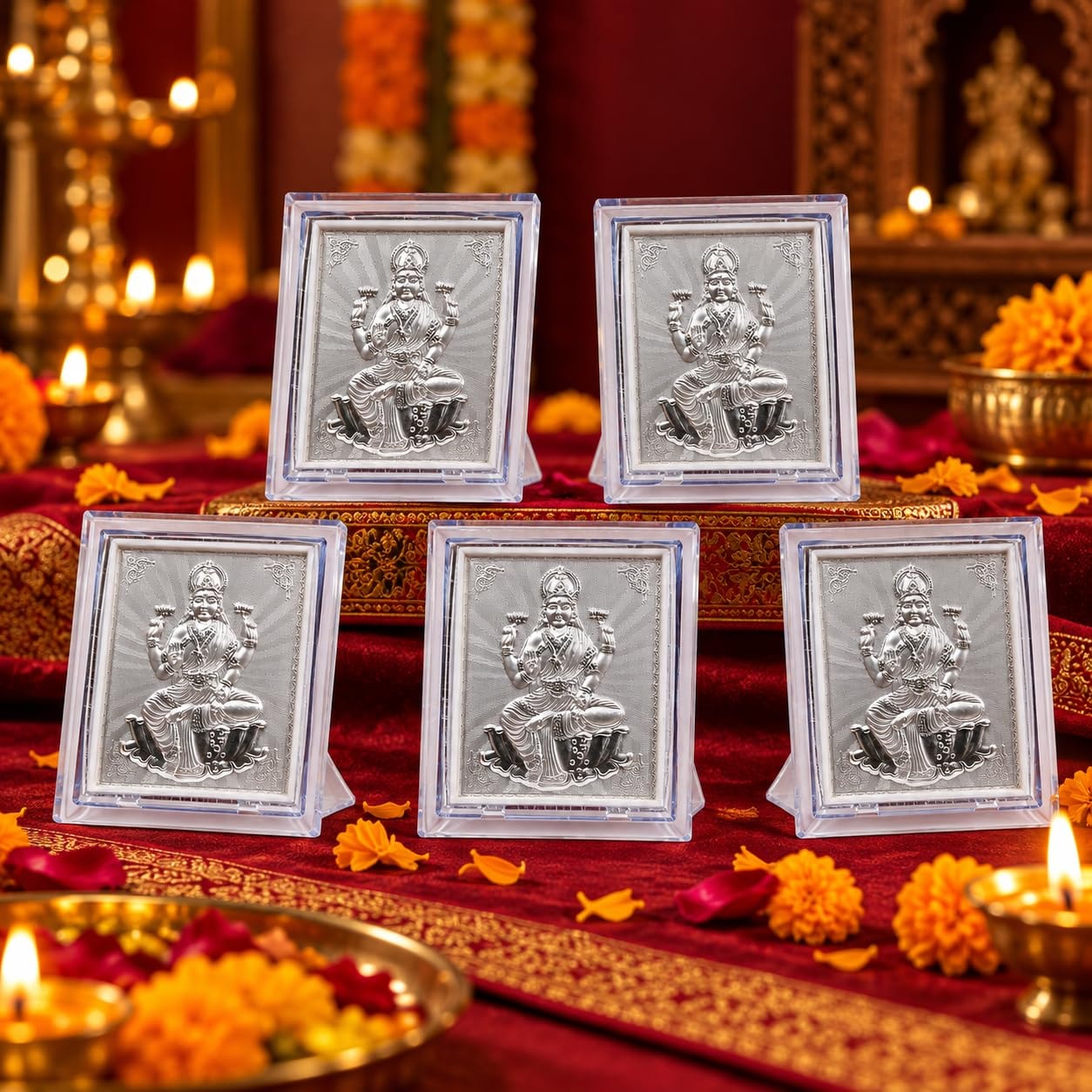 Mantapa Lakshmi Pooja Return Gift Set with Stand, 999 Silver Foil Finish, Traditional Gift for Navratri, Diwali, Dhanteras, Satyanarayan Puja, Griha Pravesh, Naming Ceremony & Weddings, Pack of 5