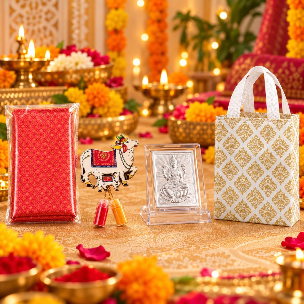 Mantapa Tambula Kit with Silk Blend Blouse Piece, Cow Haldi Kumkum Set, Carry Bag & Silver-Finish Pooja Frame, Thamboolam Return Gift for Navratri, Diwali, Satyanarayan Puja & Griha Pravesh, Pack of 1