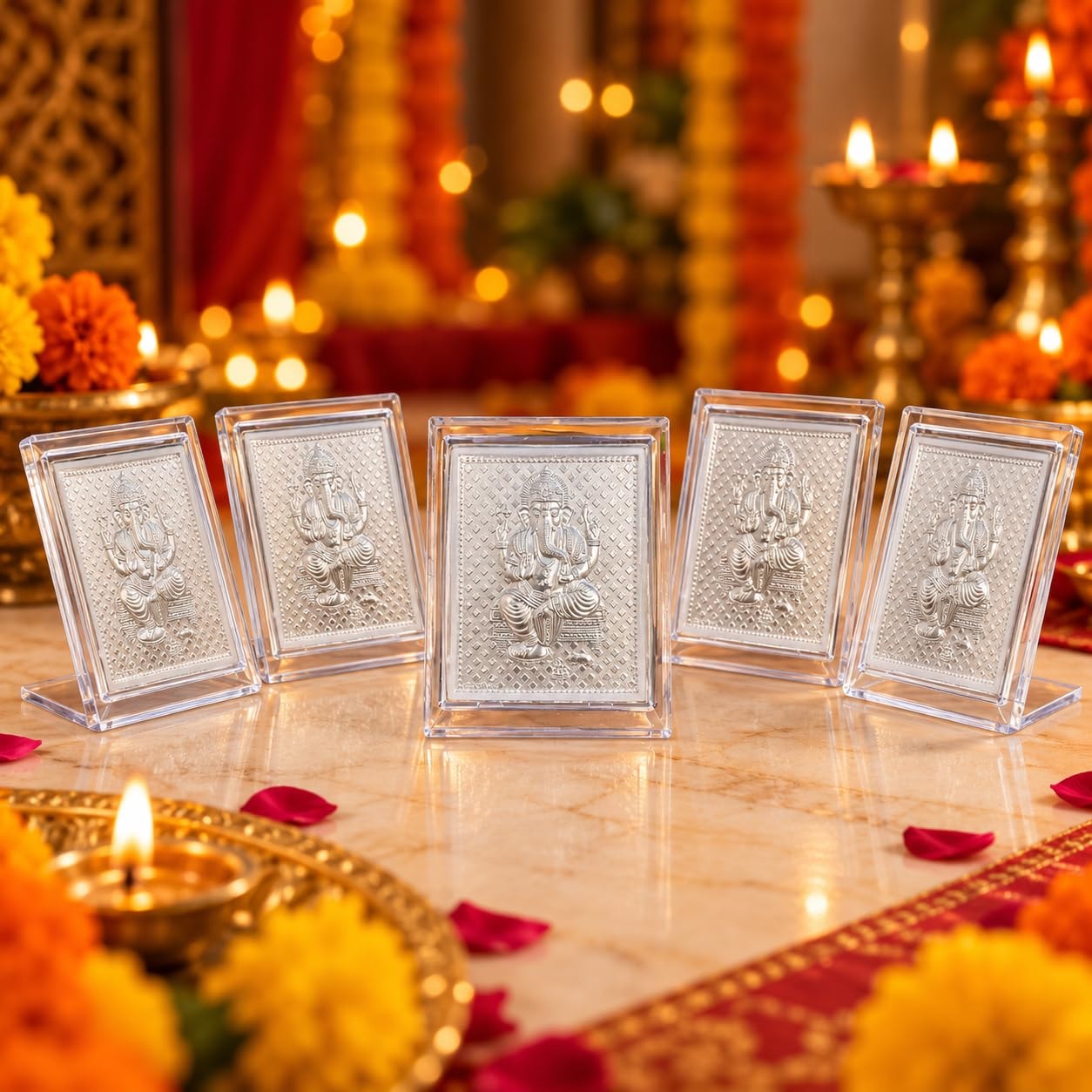 Mantapa Ganesha Pooja Frame with Stand, 999 Silver Foil Finish, Traditional Return Gift for Navratri, Diwali, Satyanarayan Puja, Griha Pravesh, Upanayanam, Engagement & Weddings, Pack of 5
