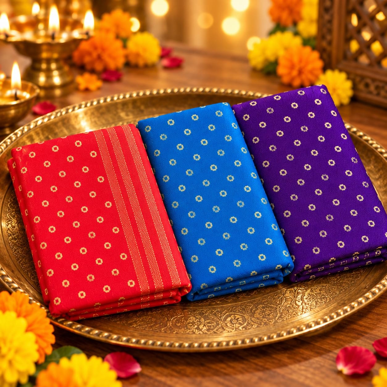 Mantapa Bliss Unstitched Blouse Piece for Women, Soft Cotton Blend Blouse Material with Tiny Gold Dot Motifs & Woven Border, Assorted Colours 1 Metre, Traditional Haldi Kumkum, Pack of 2