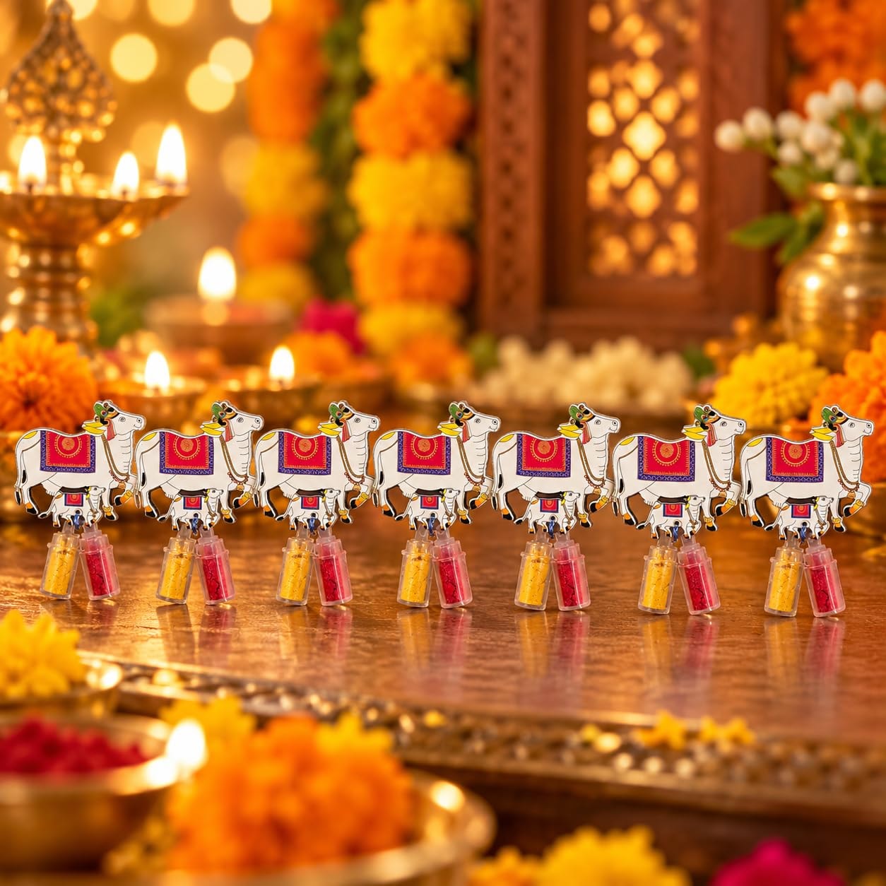 Mantapa Cow Design Haldi Kumkum Set, Pasupu Kumkuma / Halad Kunku, Traditional Pooja Return Gift for Navratri, Diwali, Satyanarayan Puja, Griha Pravesh, Naming Ceremony & Weddings, Pack of 10
