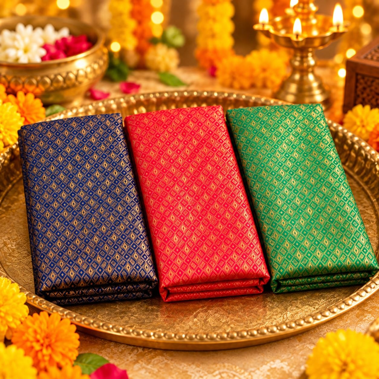 Mantapa Dazzle Unstitched Blouse Piece for Women, Silk Blend Blouse Material with Dense All-Over Gold Diamond Lattice Brocade, Assorted Colours 1 Metre, Traditional Haldi Kumkum, Pack of 2