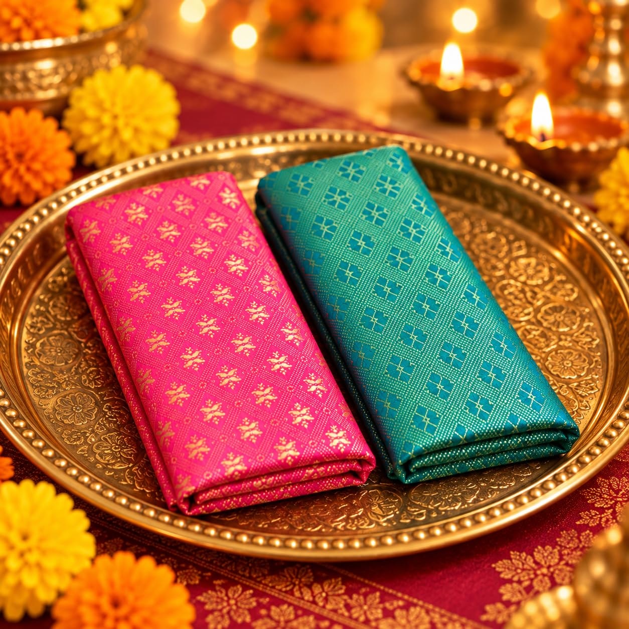Mantapa Charm Unstitched Blouse Piece for Women, Silk Blend Blouse Material with Varied Small Gold Jacquard Motifs, Assorted Colours 1 Metre, Traditional Haldi Kumkum Thamboolam Gift, Pack of 2
