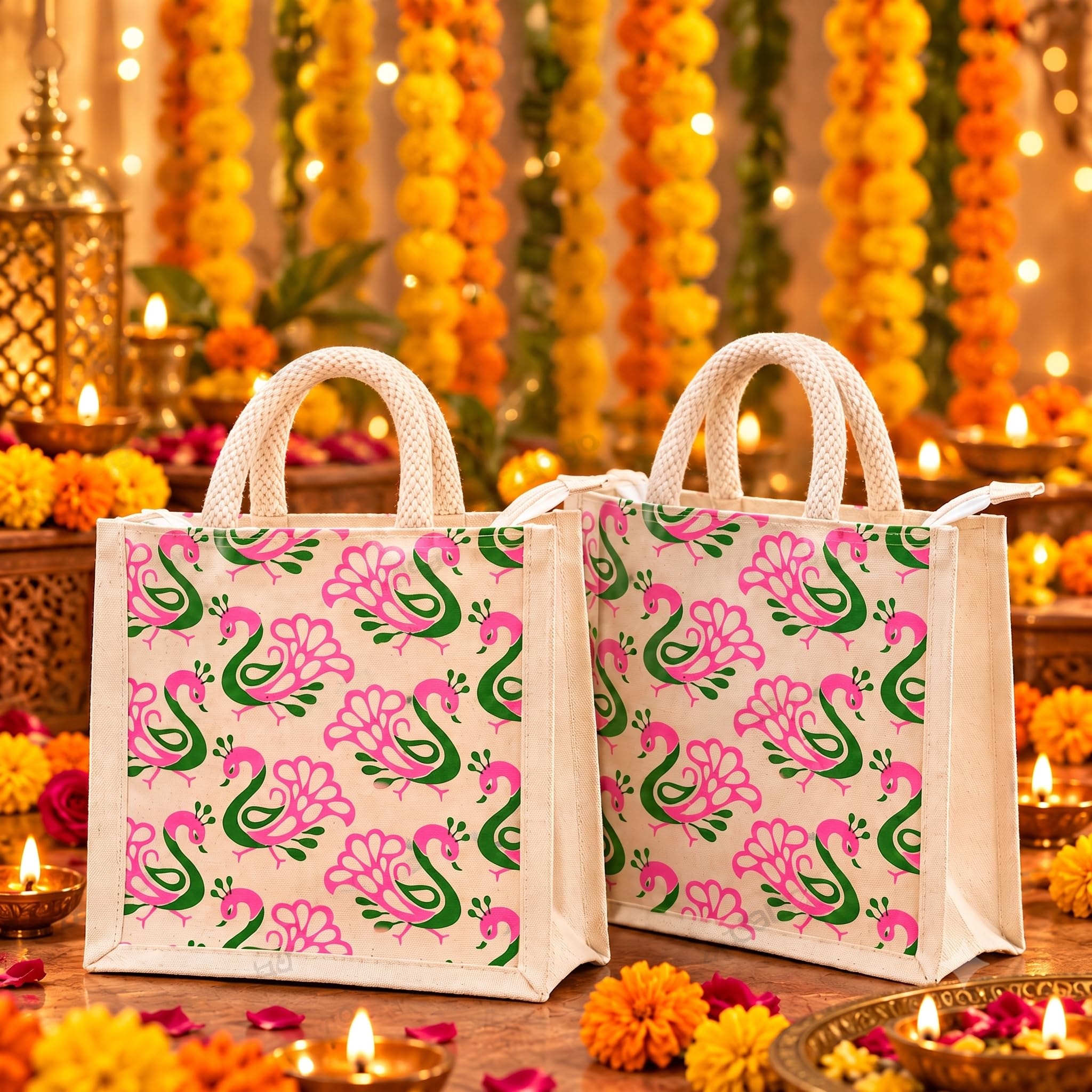 Mantapa Canvas Bag for Women, Reusable Ethnic Return Gift Bag for Navratri, Diwali, Weddings, Haldi Mehendi, Baby Shower, Naming Ceremony, Griha Pravesh & Satyanarayan Puja, Pack of 2