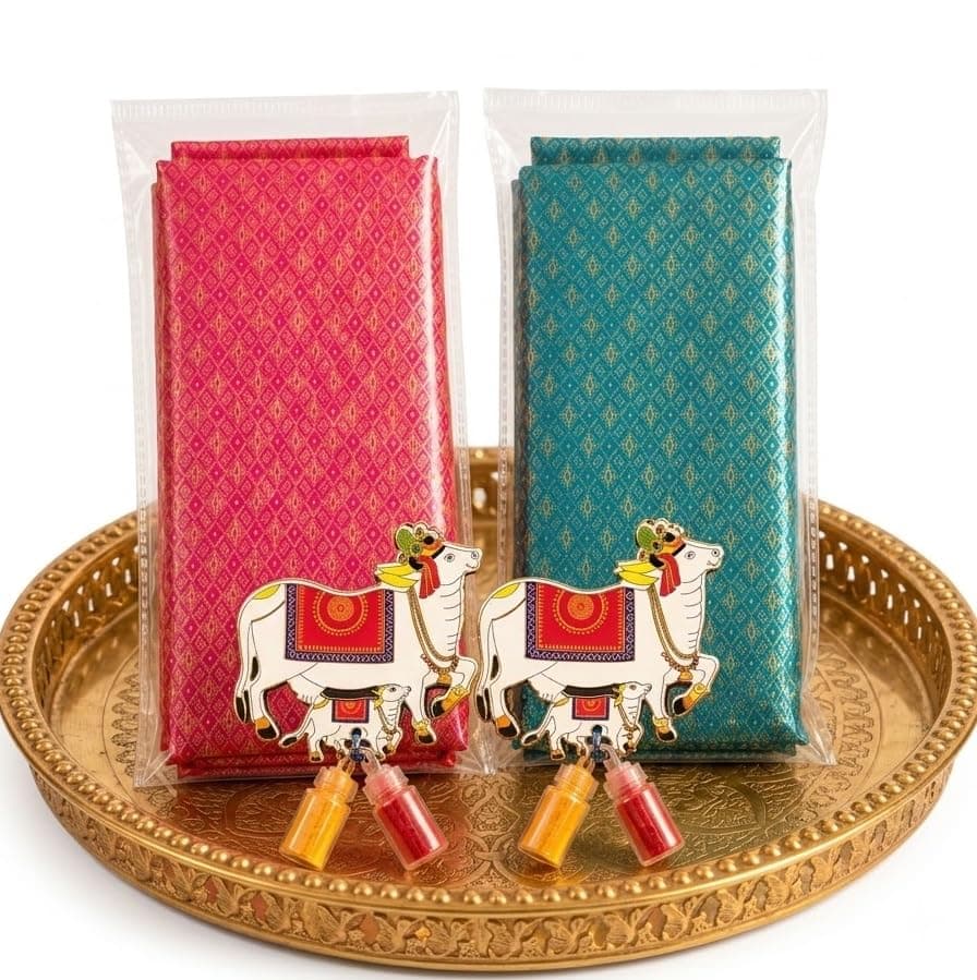 Mantapa Dazzle Unstitched Blouse Piece with Cow Kumkum Set, Silk Blend 1 Metre Blouse Material, Haldi Kumkum Return Gift for Women for Navratri, Diwali, Satyanarayan Puja & Weddings, Pack of 2